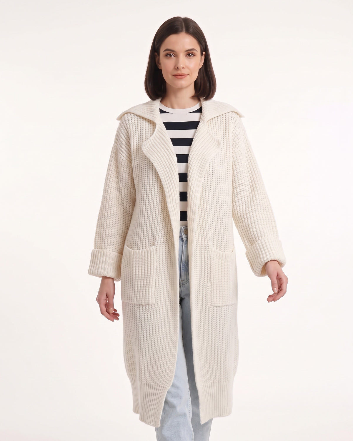 Off-white long duster cardigan in chunky ribbed knit with notched collar and pockets