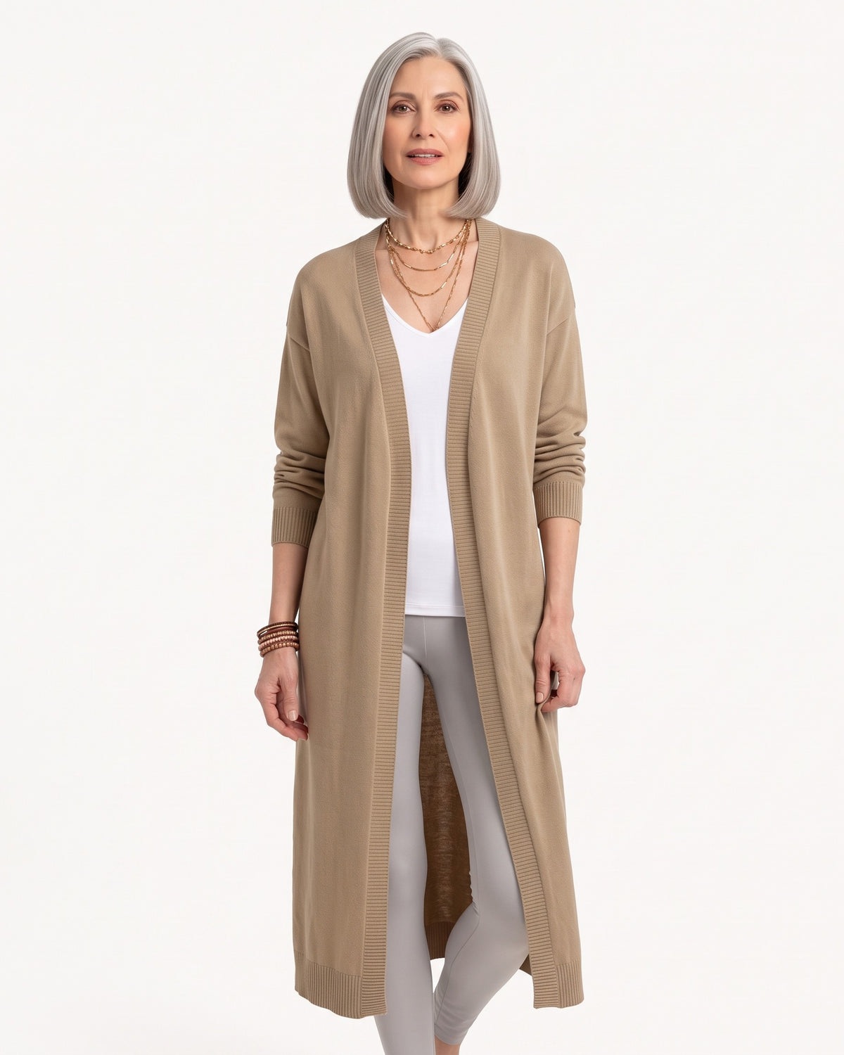 Khaki long open-front knit duster cardigan with drop shoulders, maxi length