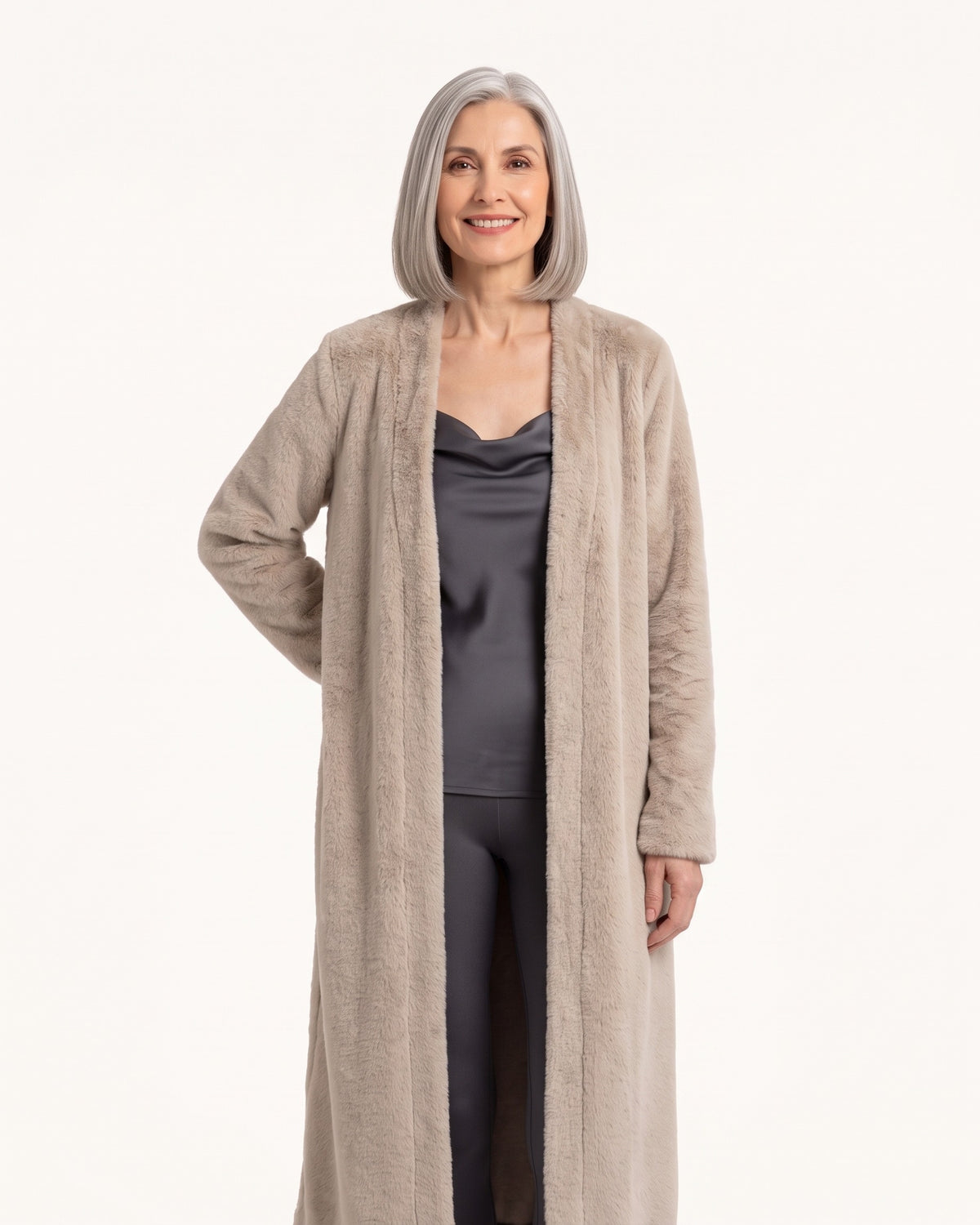 Beige long faux fur cardigan coatigan with open front and soft full sleeves