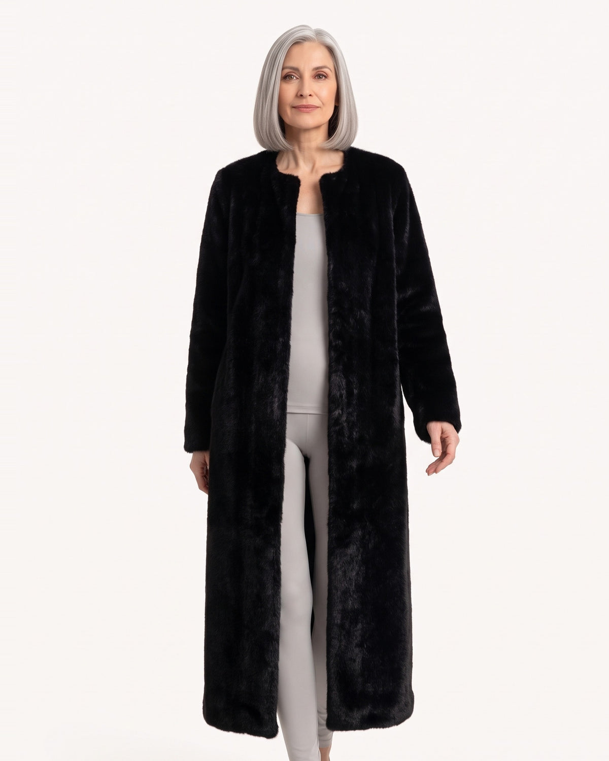 Black long faux fur cardigan coatigan with open front and relaxed draped fit