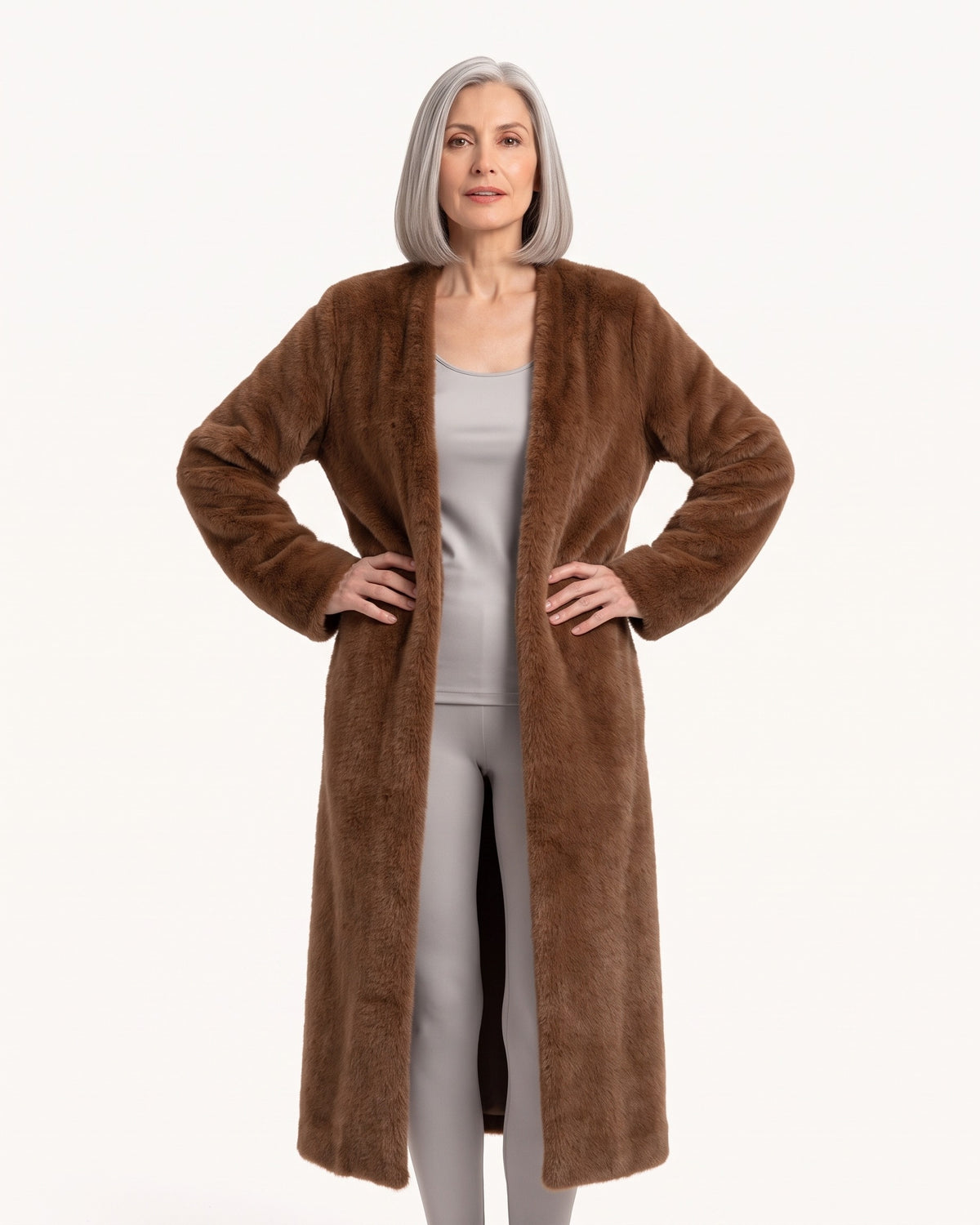Brown long faux fur cardigan coatigan with open front and wide lapel styling