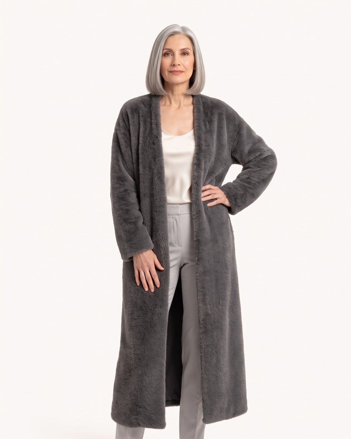 Women's long open-front faux fur cardigan, plush dark gray with long sleeves