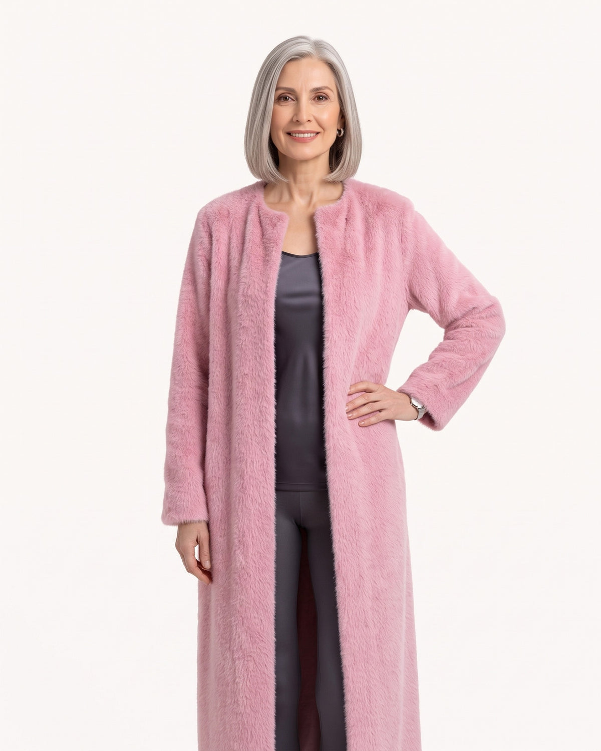 Women's long open-front faux fur cardigan, plush pink, long sleeves with pockets