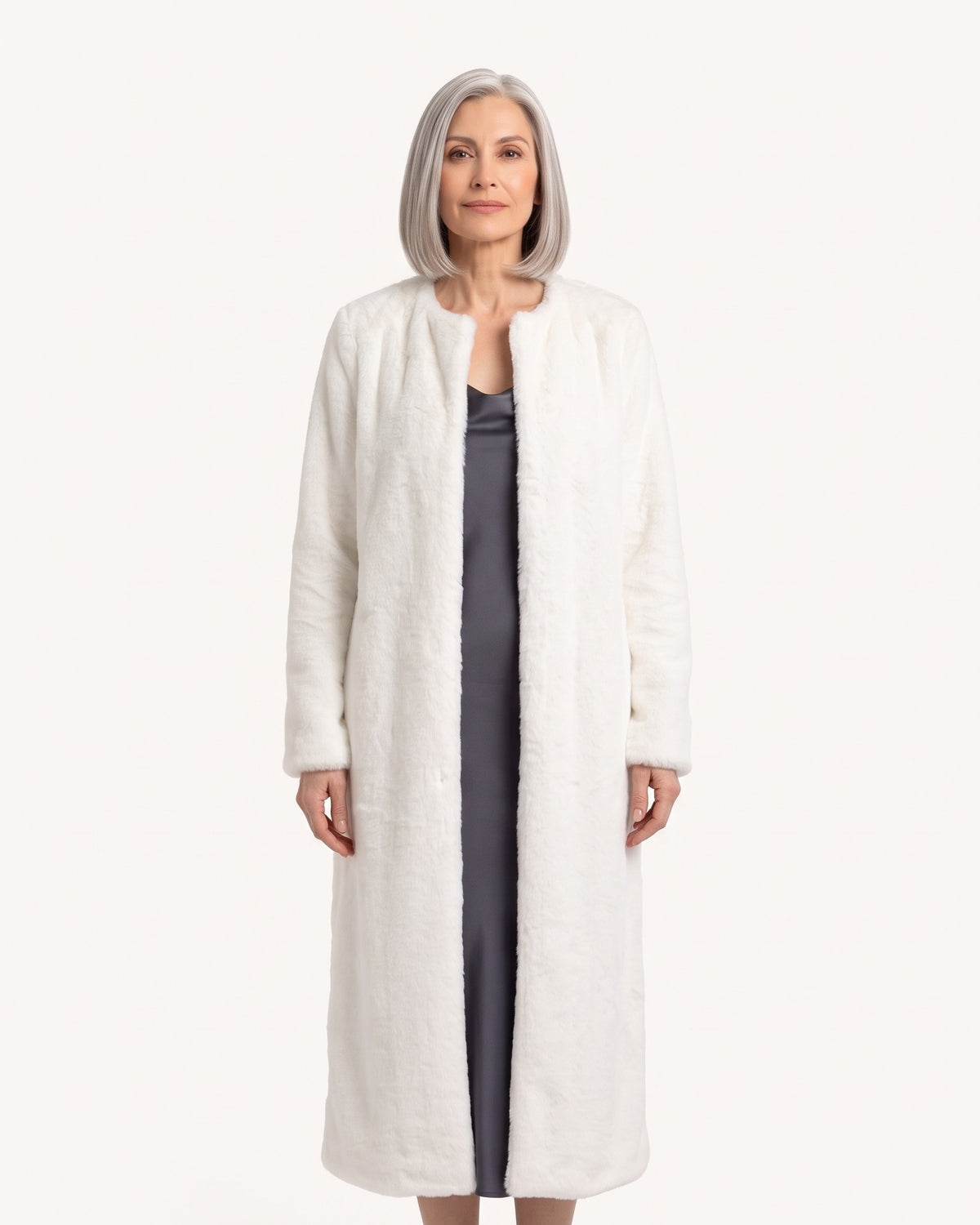 White long faux fur cardigan coatigan with open front and full-length sleeves