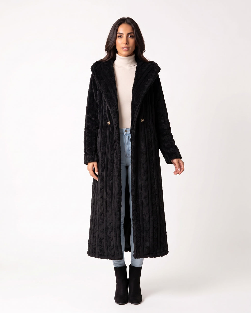 Black hooded faux fur maxi coat with cable knit texture and front button details