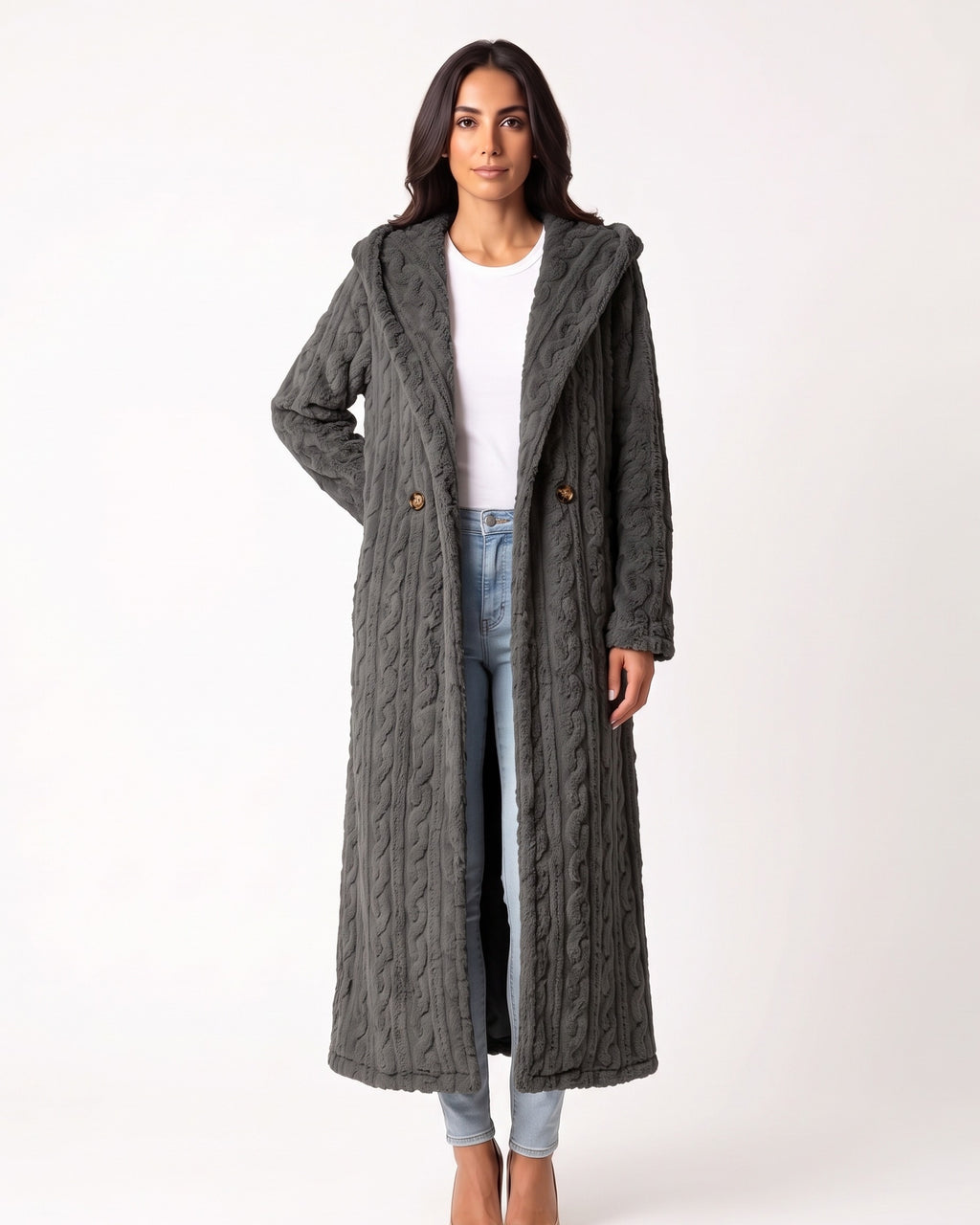 Gray hooded faux fur maxi coat with cable texture and long sleeves