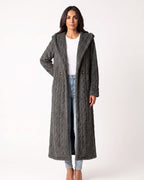 Gray hooded faux fur maxi coat with cable texture and long sleeves