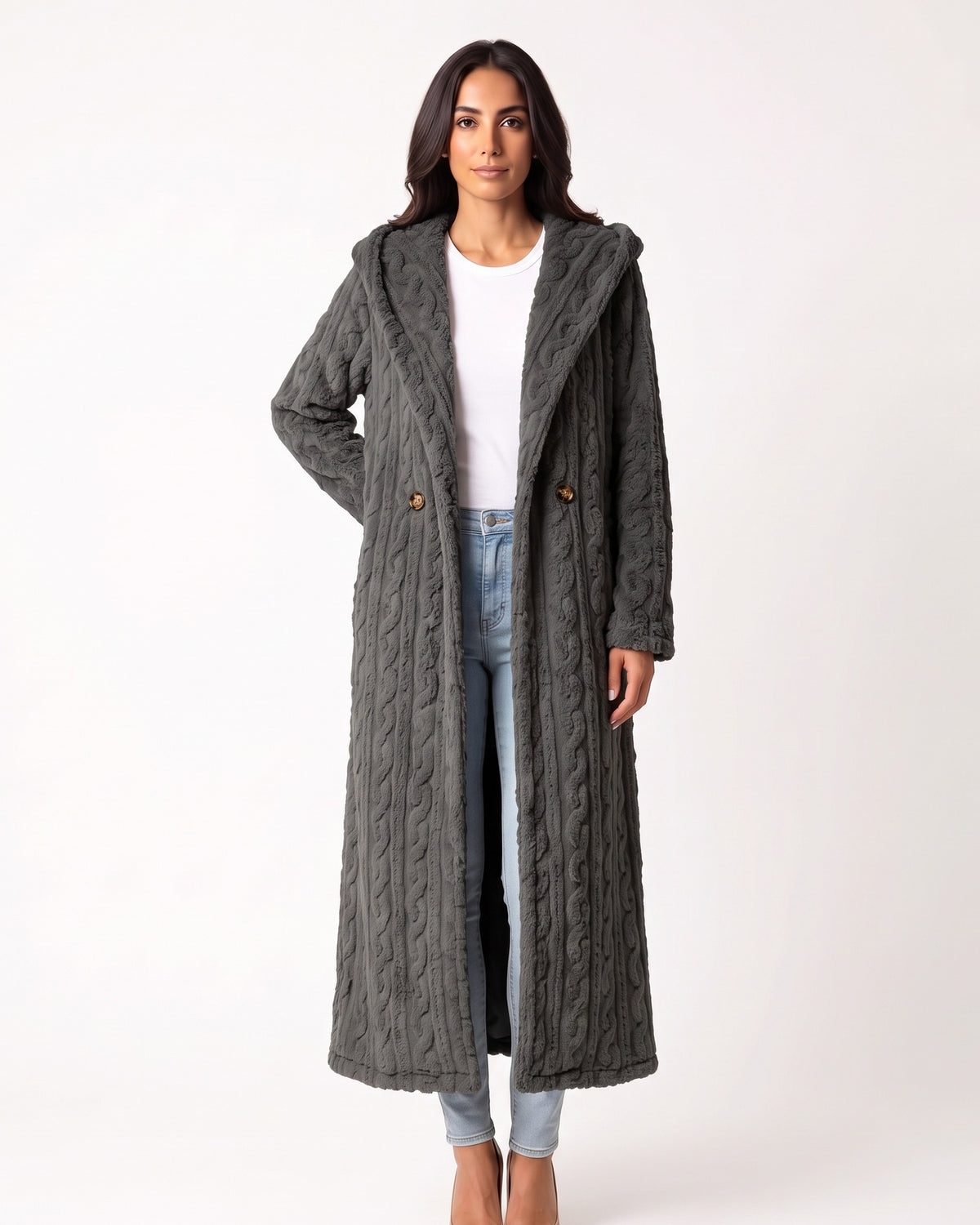 Gray hooded faux fur maxi coat with cable texture and long sleeves