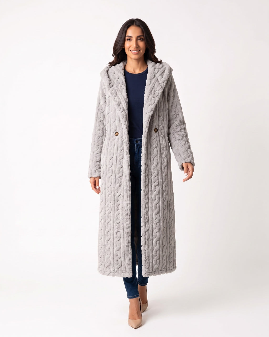 Light gray hooded faux fur maxi coat with cable texture and front button details