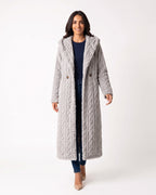 Light gray hooded faux fur maxi coat with cable texture and front button details