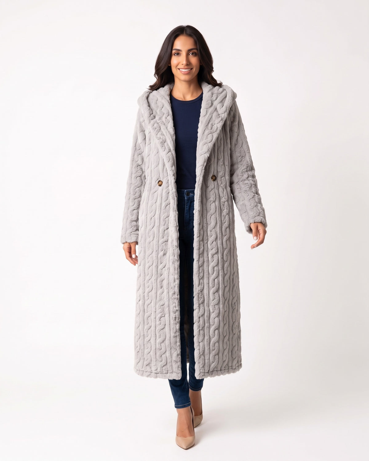 Light gray hooded faux fur maxi coat with cable texture and front button details
