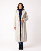 Off-white hooded faux fur maxi coat with cable texture and front button details