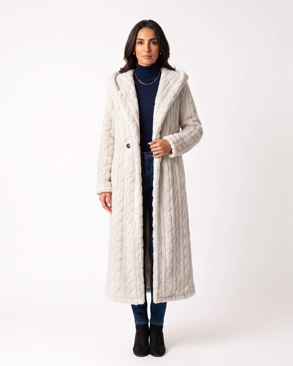 Off-white hooded faux fur maxi coat with cable texture and front button details