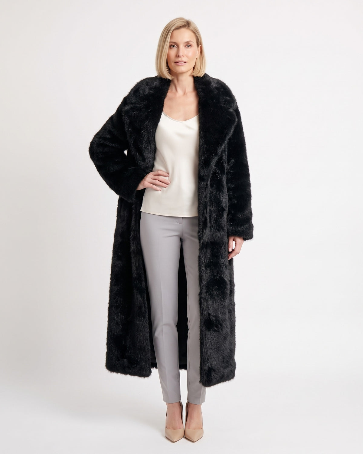 Long faux fur coat, black, oversized fit, notched lapel, open front