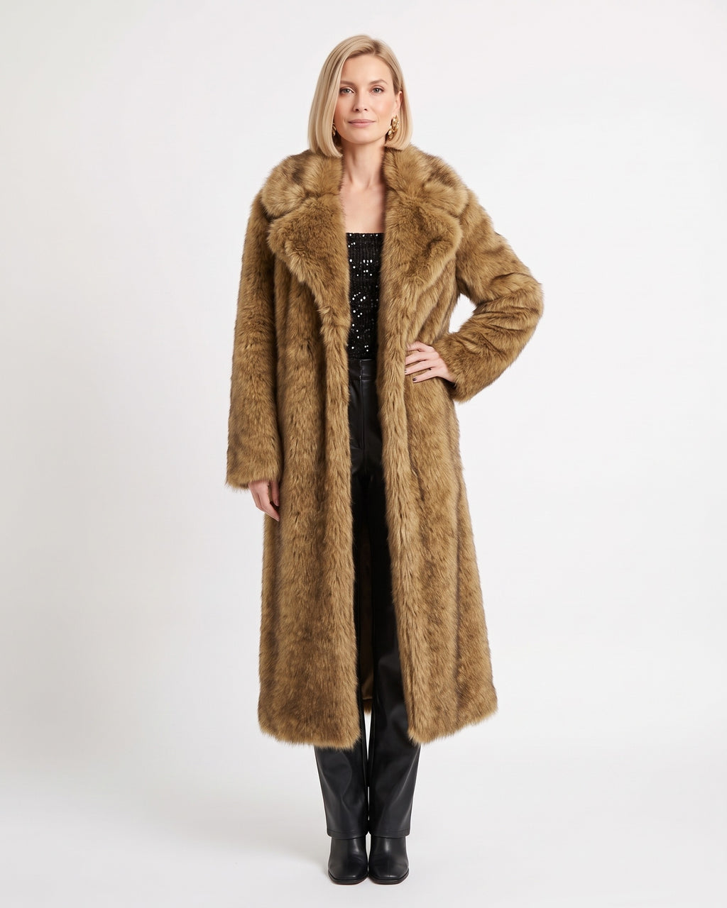 Long faux fur coat, camel brown, notched lapel, open front, oversized maxi length