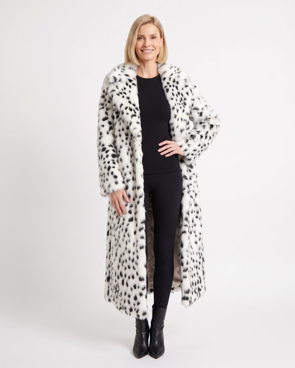 Long faux fur coat, white/black animal print, notched lapel, open front, maxi length