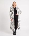 Long faux fur coat, white/black animal print, notched lapel, open front, maxi length