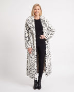 Long faux fur coat, white/black animal print, notched lapel, open front, maxi length