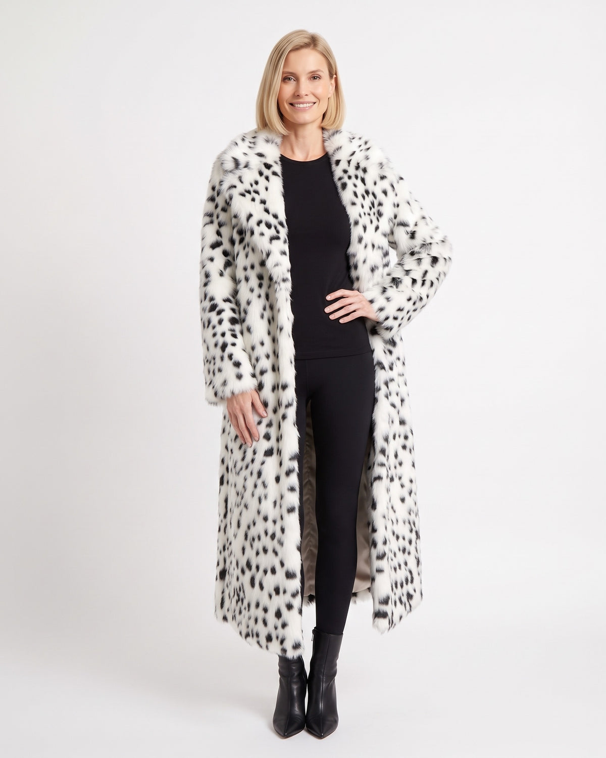 Long faux fur coat, white/black animal print, notched lapel, open front, maxi length