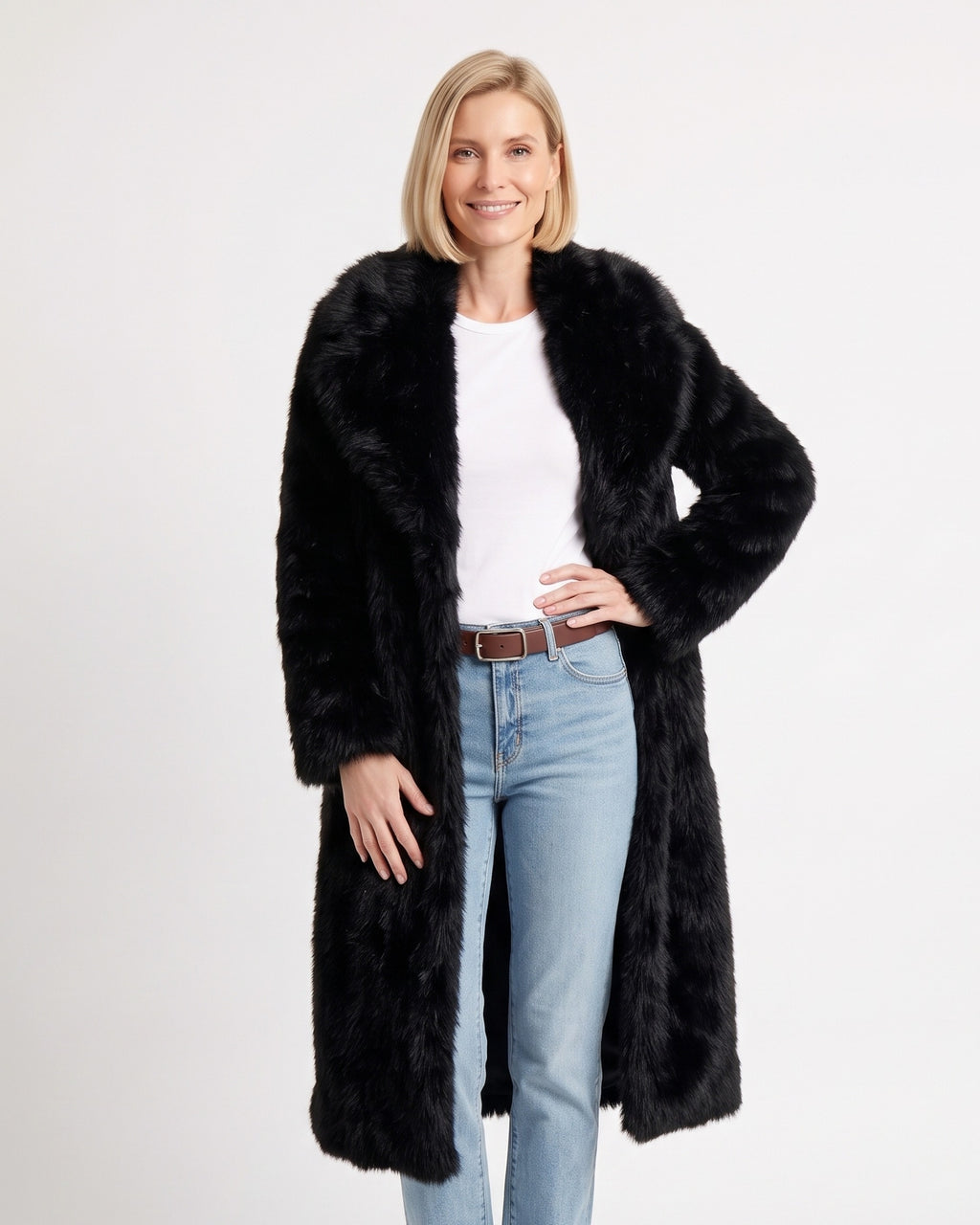 Long black faux fur coat with wide collar and open front