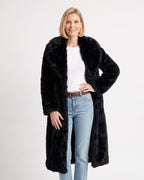 Long black faux fur coat with wide collar and open front