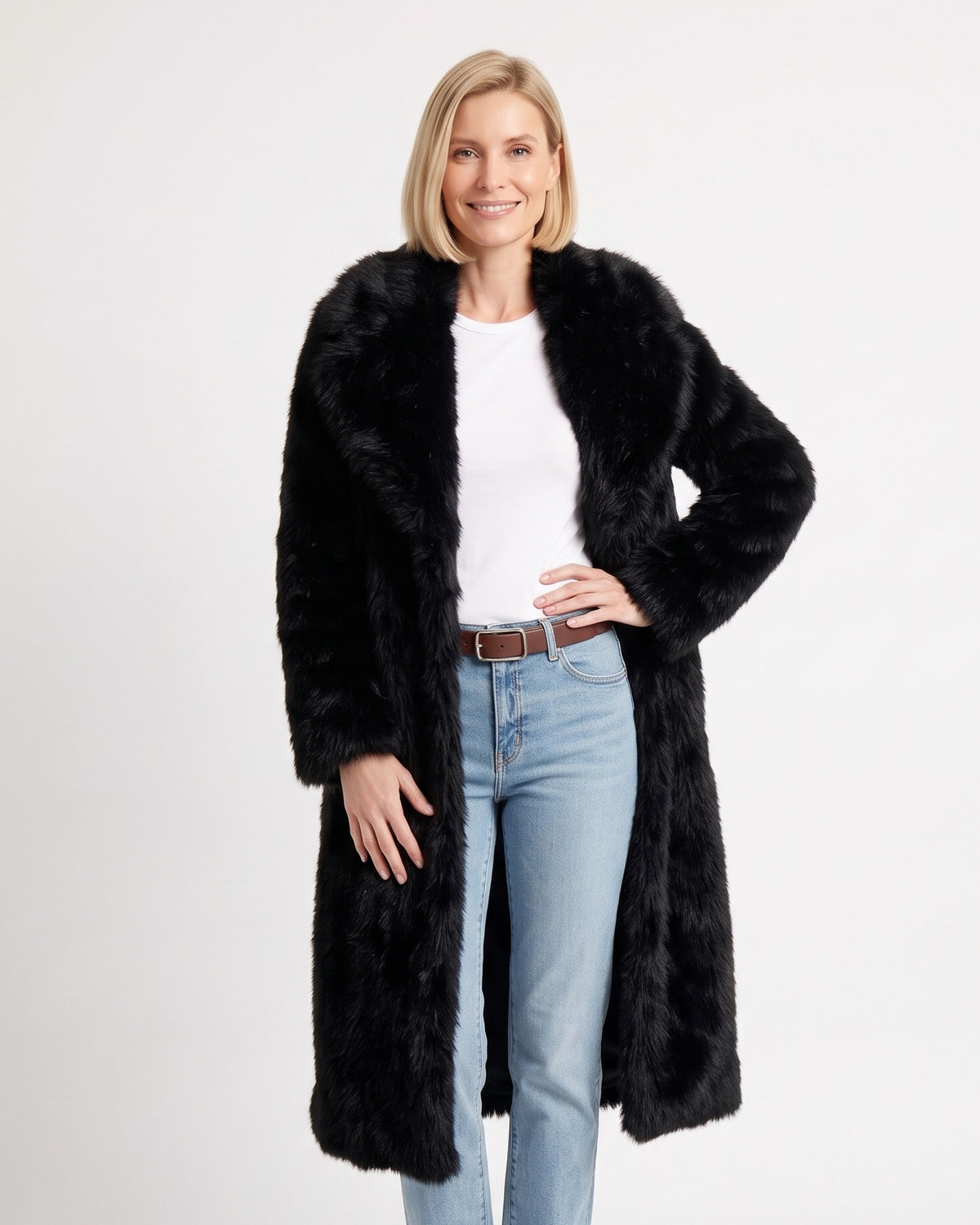 Long black faux fur coat with wide collar and open front