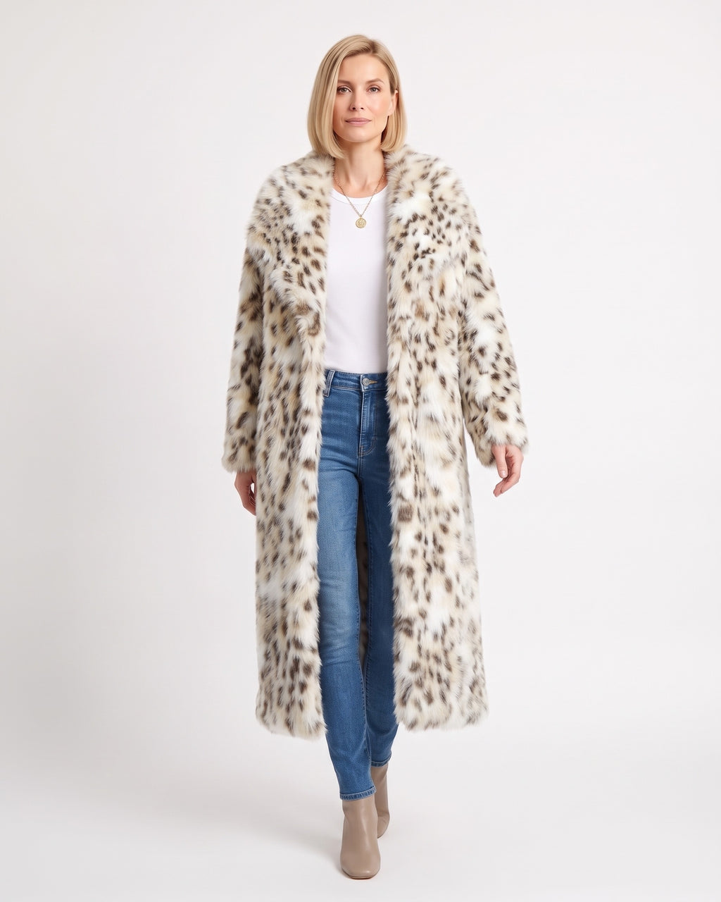 Long white faux fur coat with brown spots, wide collar, and open front