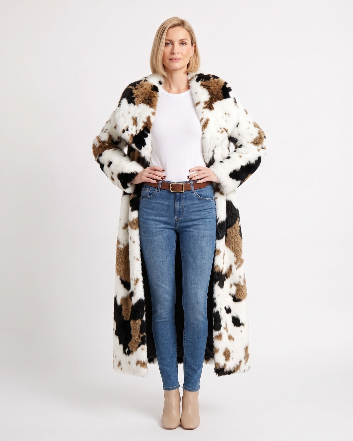 Long white faux fur coat with black and brown cow-print patches, worn open.