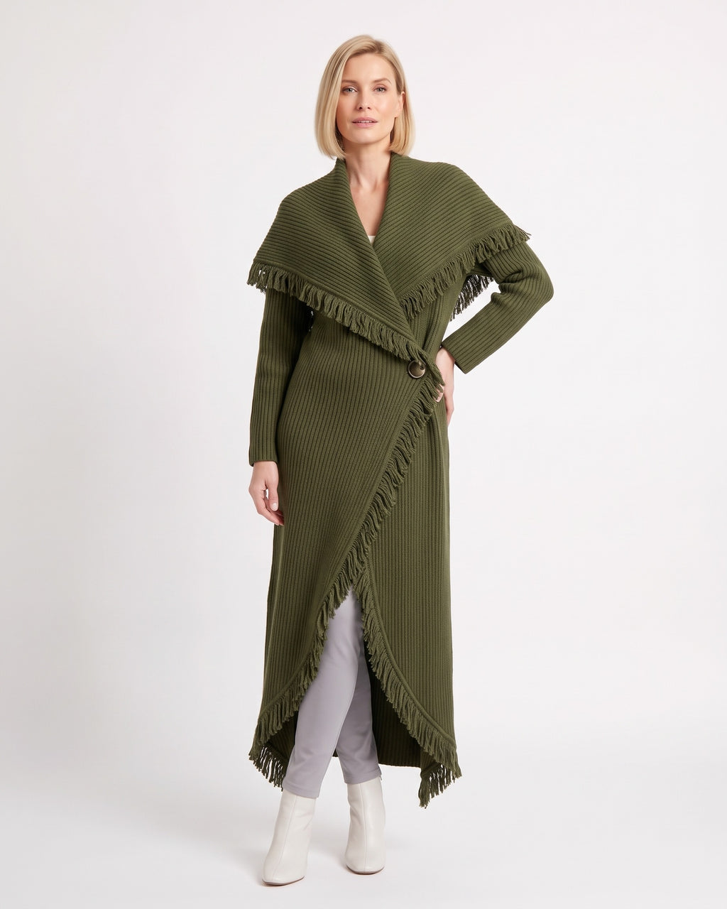 Army green shawl-collar long coatigan cardigan with fringe trim and single button