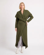 Army green shawl-collar long coatigan cardigan with fringe trim and single button