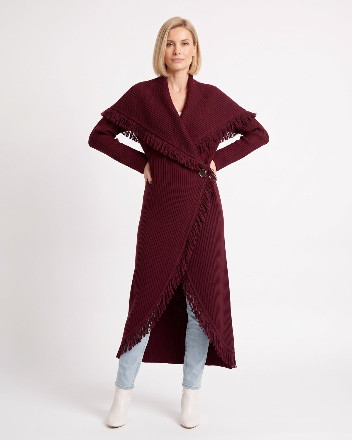 Burgundy shawl-collar long coatigan cardigan with fringe edges and single button