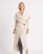 Cream shawl-collar long cardigan coatigan with fringe hem and single button