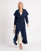 Navy shawl-collar long cardigan coatigan with fringe detailing and one-button closure