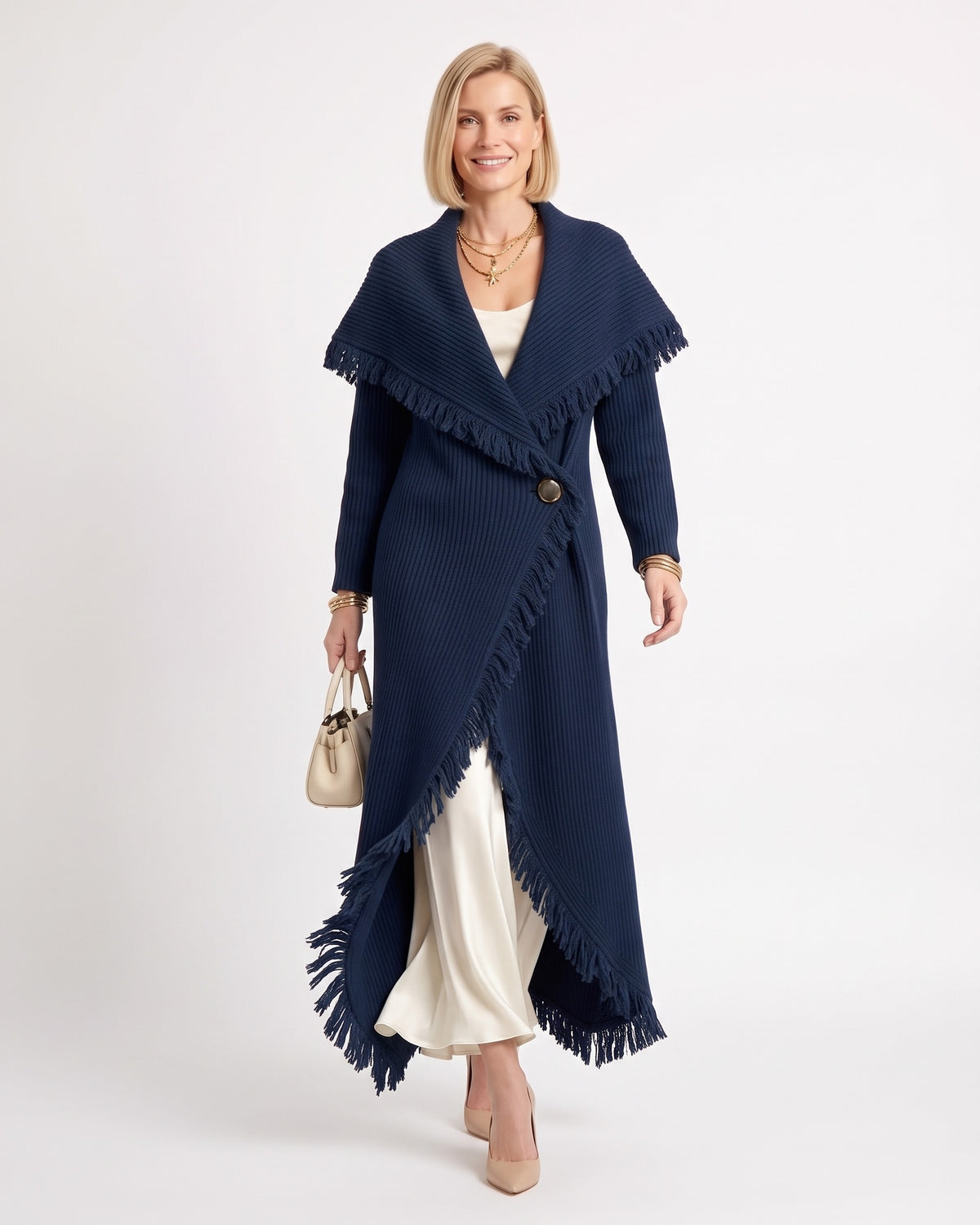 Navy shawl-collar long cardigan coatigan with fringe detailing and one-button closure