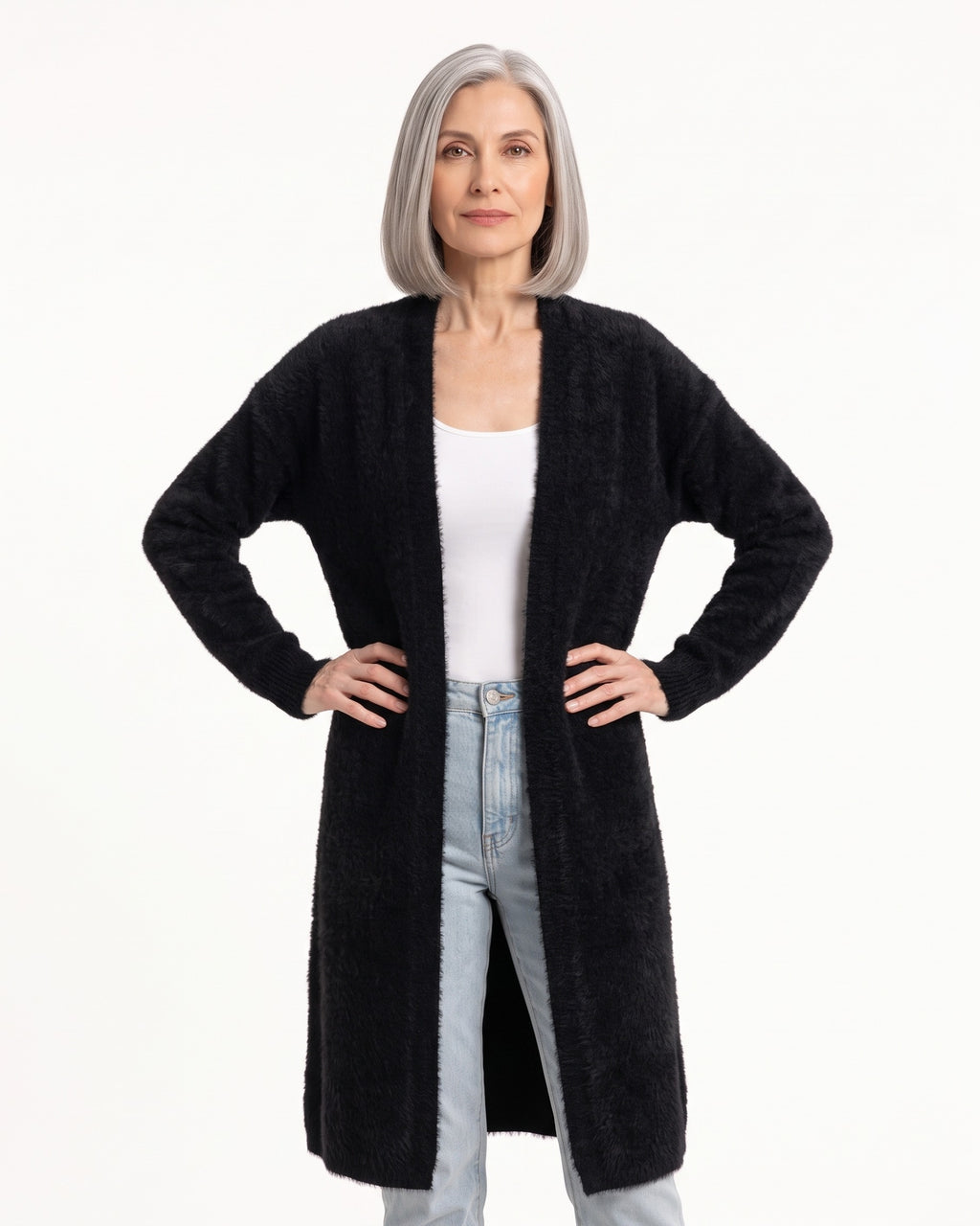 Black long fuzzy open-front cardigan with long sleeves for women