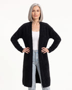 Black long fuzzy open-front cardigan with long sleeves for women