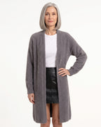Women’s fuzzy open-front long cardigan, medium gray, long sleeves, fluffy knit texture