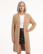Women’s fuzzy open-front long cardigan, camel/tan, long sleeves, plush knit texture