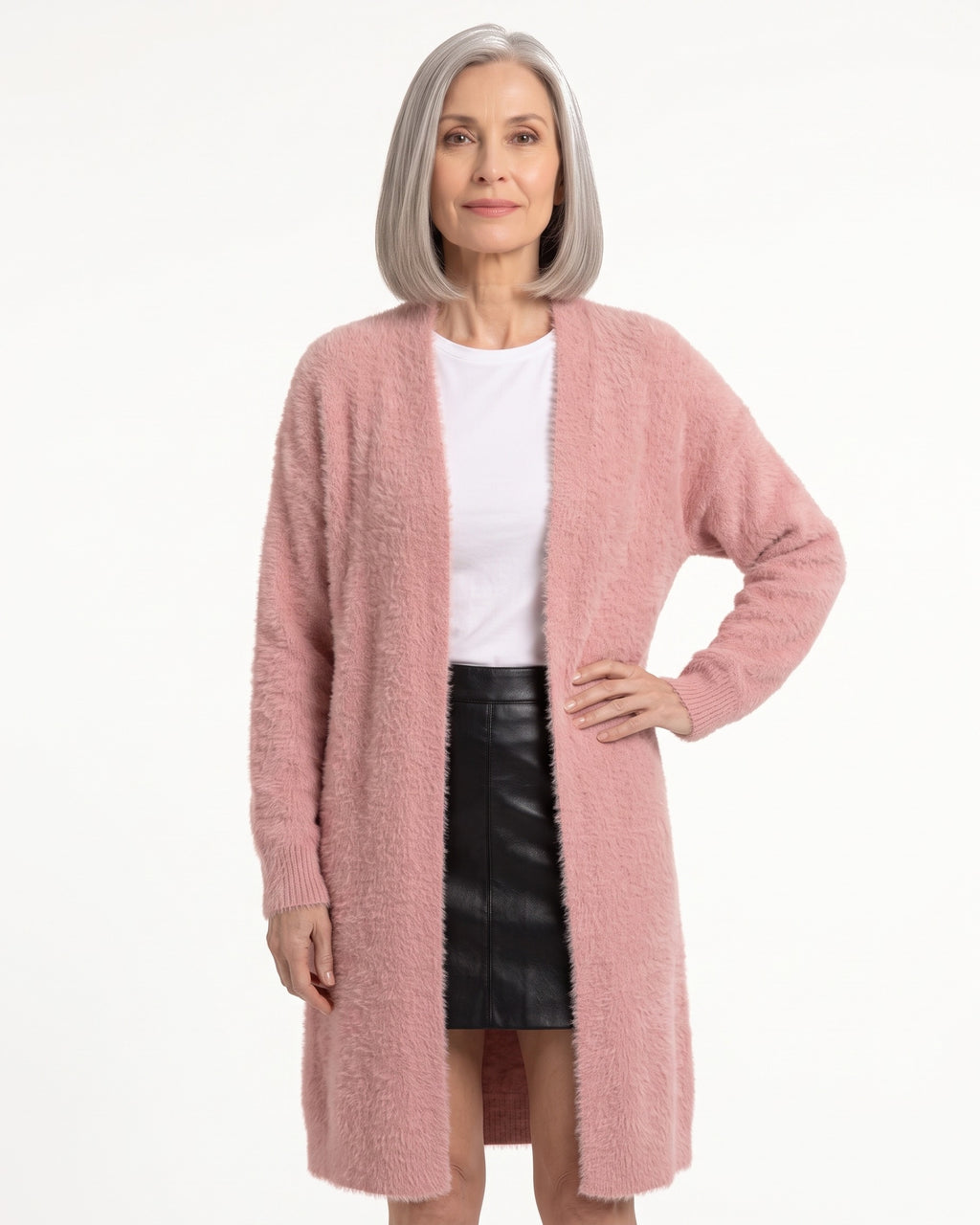 Women’s fuzzy open-front long cardigan, dusty pink, long sleeves, plush knit texture