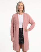 Women’s fuzzy open-front long cardigan, dusty pink, long sleeves, plush knit texture