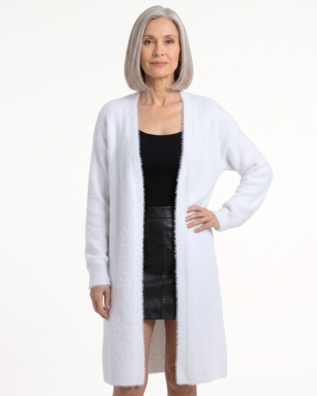 Women’s fuzzy open-front long cardigan, white, long sleeves, soft plush knit