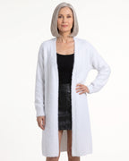 Women’s fuzzy open-front long cardigan, white, long sleeves, soft plush knit