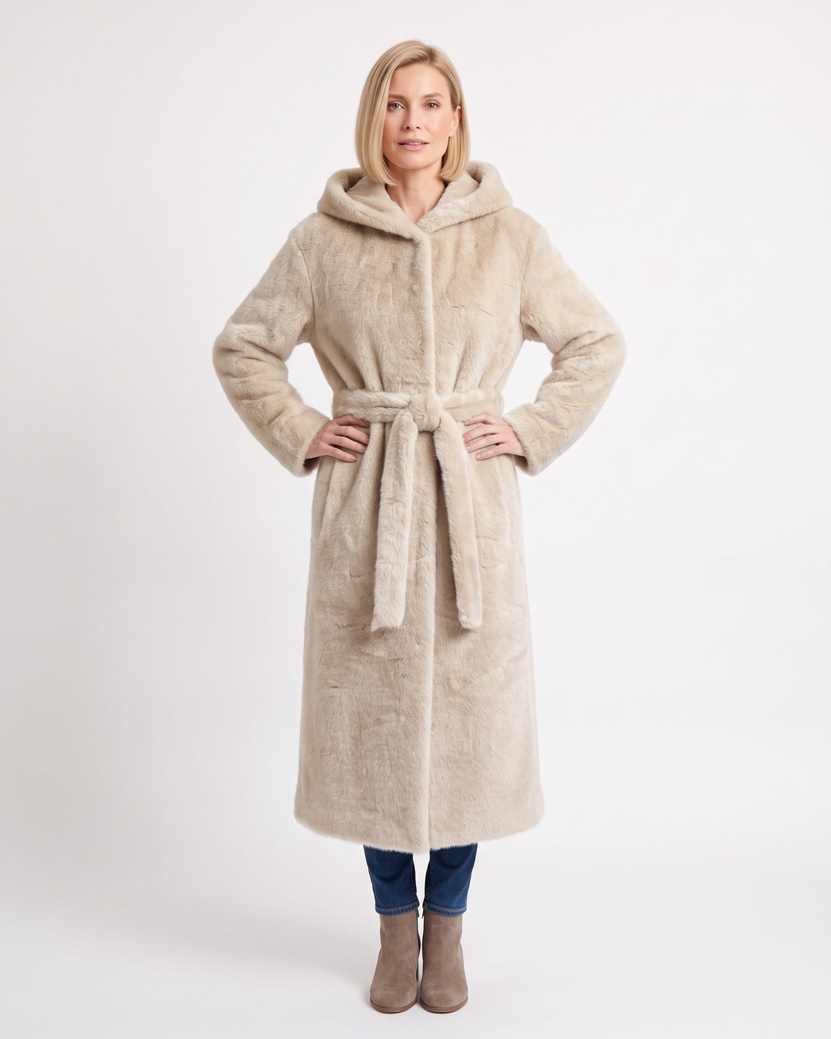 Beige faux fur hooded maxi coat with tie waist belt and long sleeves