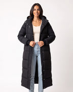 Long hooded puffer coat in black, quilted maxi with snap-button front