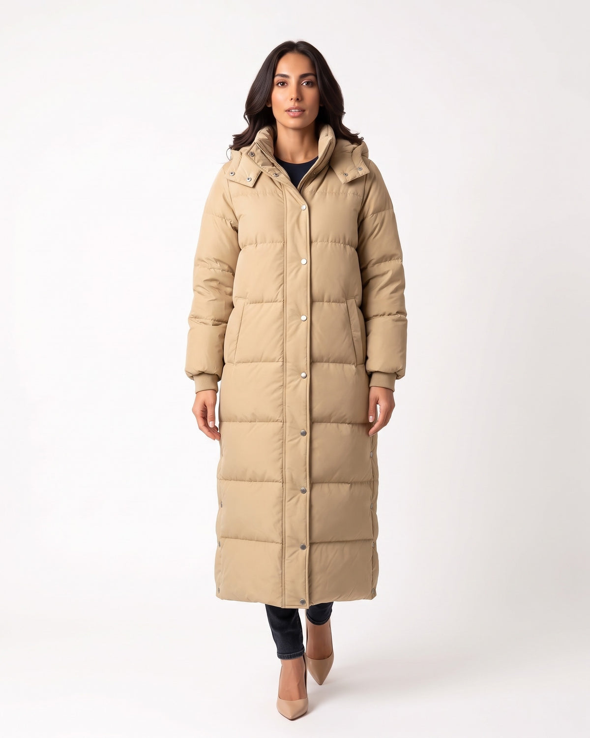Women's khaki long hooded quilted puffer coat with snap-button front