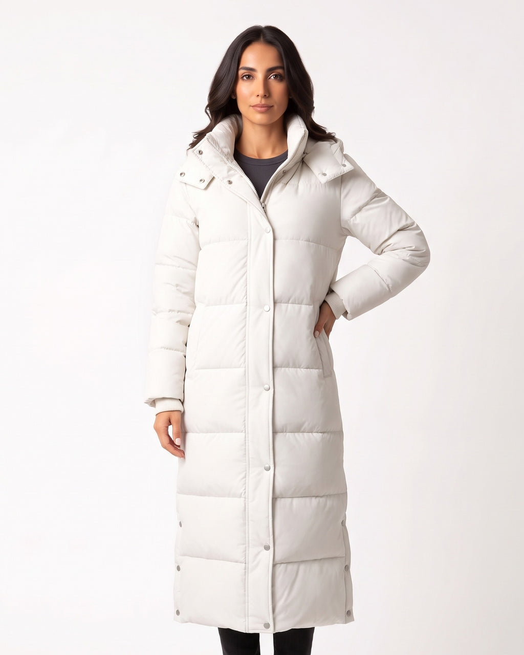 Long hooded puffer coat in white, quilted maxi with snap-button front