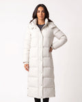 Long hooded puffer coat in white, quilted maxi with snap-button front