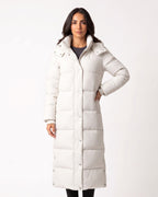 Long hooded puffer coat in white, quilted maxi with snap-button front