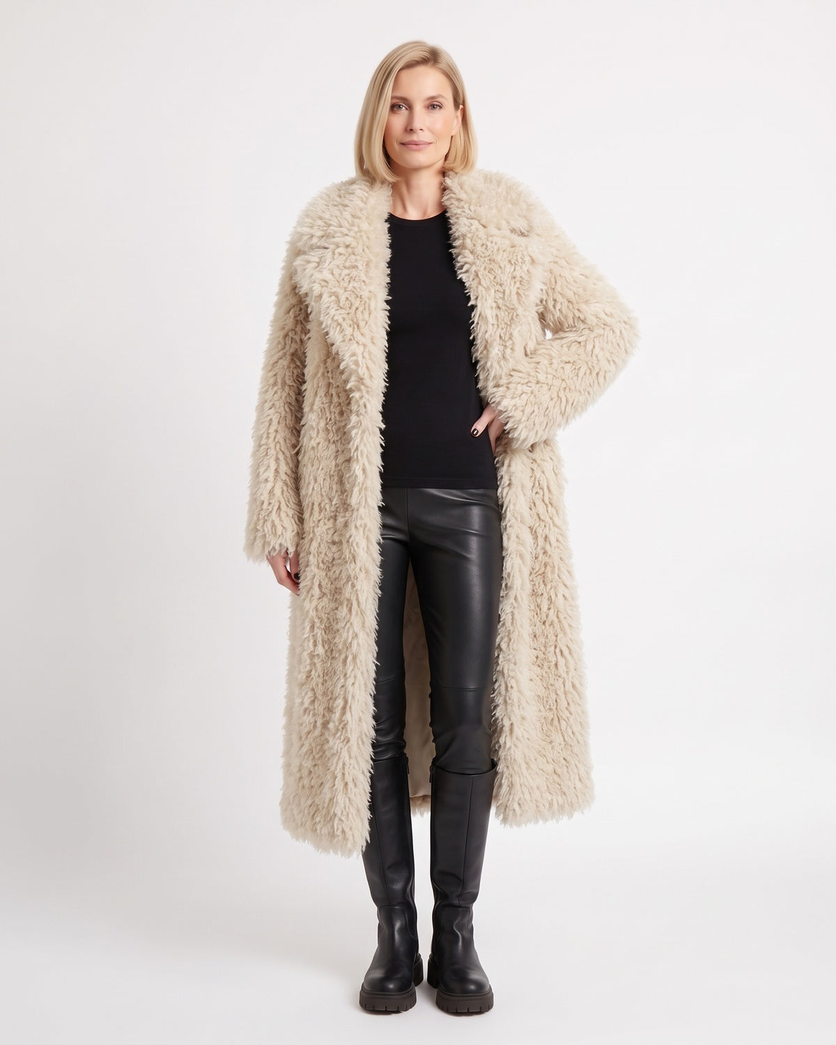 Women's long curly faux fur coat, beige, wide lapel, open front