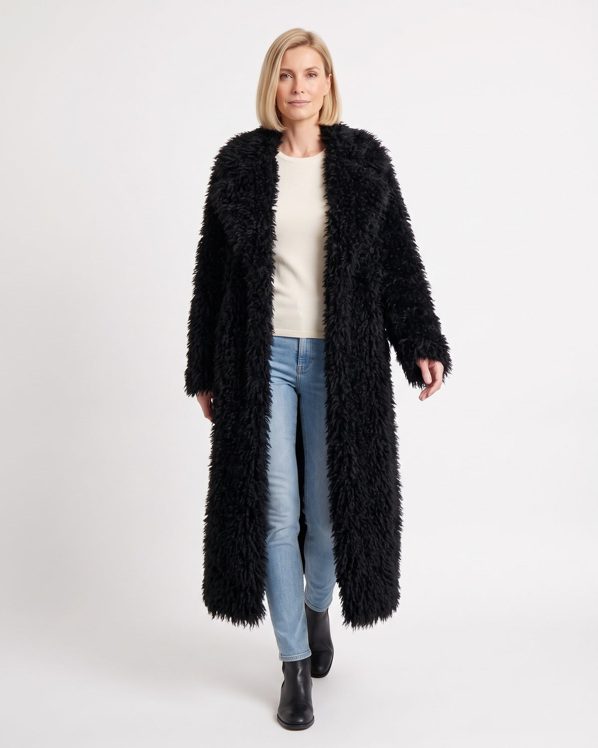 Women's long curly faux fur coat, black, wide lapel, open front